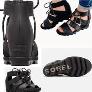 Sorel Black Leather Lace-Up Gladiator Sandal with Rugged Sole
